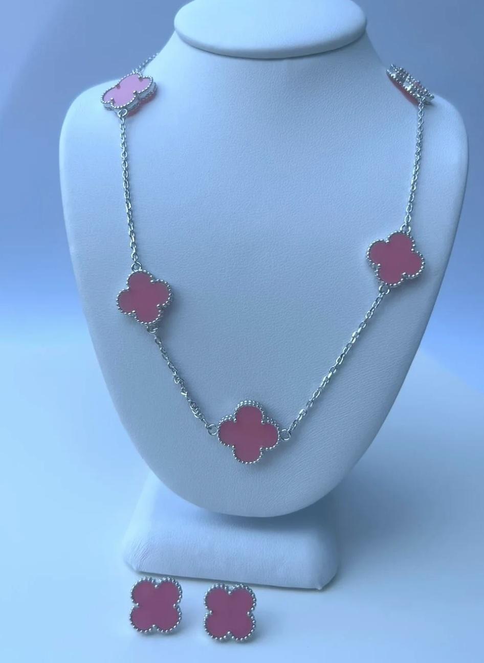 Pink Clover Necklace + Earrings Set