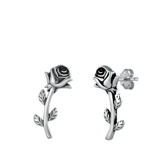 Single Rose Stem Stud Earrings